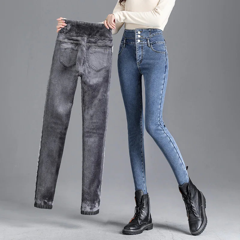 Thermal Winter Thick Fleece High-waist Warm Skinny Jeans Thick Women Stretch Button Pencil Pants Mom Casual Velvet Jeans - reetell