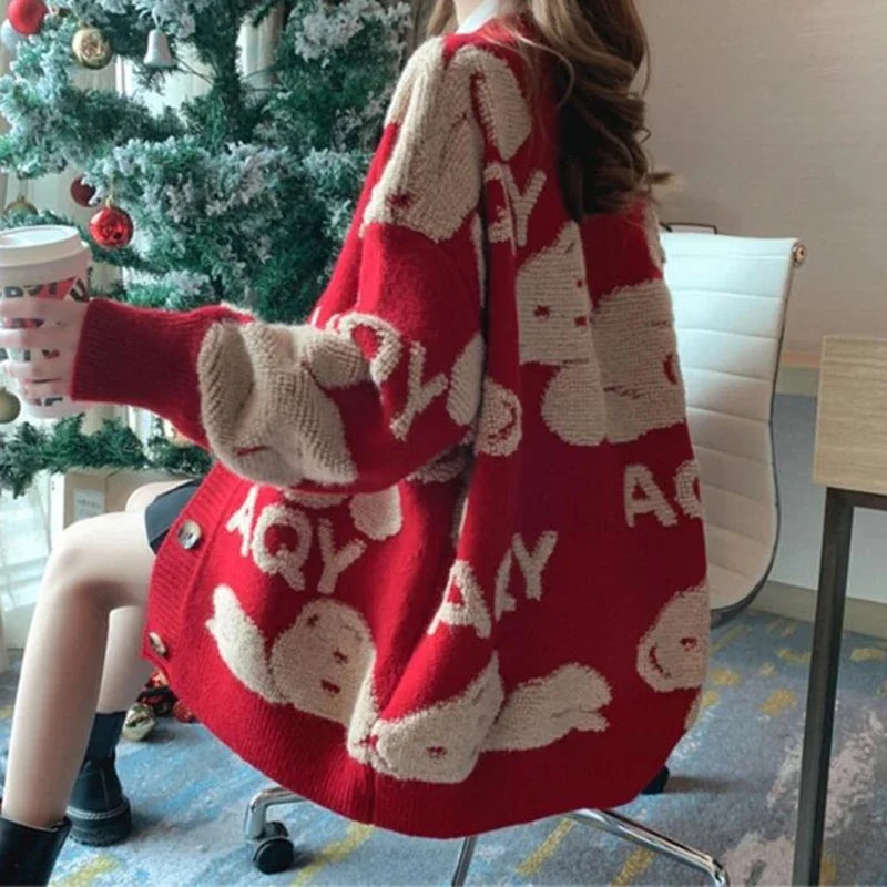 EVNISI Women Red Knitted Warm Sweater Bear Floral Printed Sweater Coat Single-breasted Cardigan Coat Women 2024 Autumn Winter - reetell