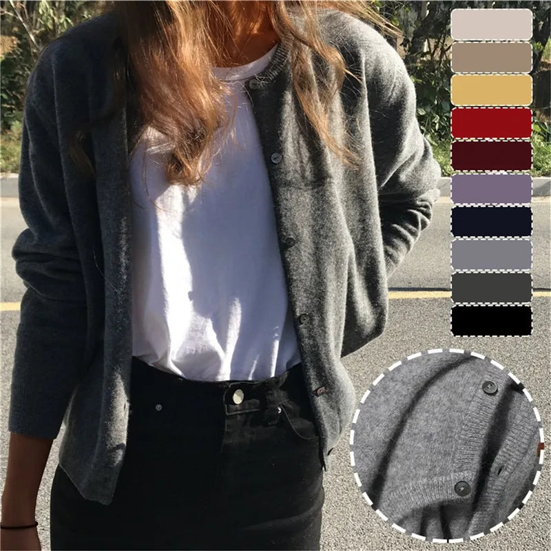 Solid Color Knitted Cardigan Women Korean Single Breasted Long Sleeve Jumper Woman Round Neck All Match Cardigans Outwear 2024 - reetell