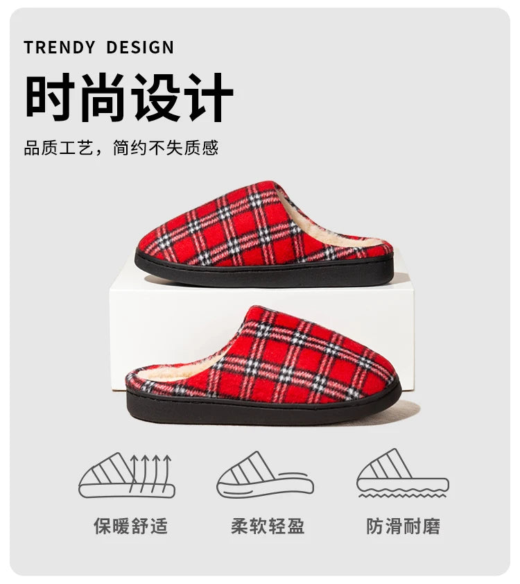 New Men's Striped Warm House Fleece Cozy Non-slip Plaid Cotton Mops Couples Slippers Winter Soft Indoor Bedroom Couples Shoes