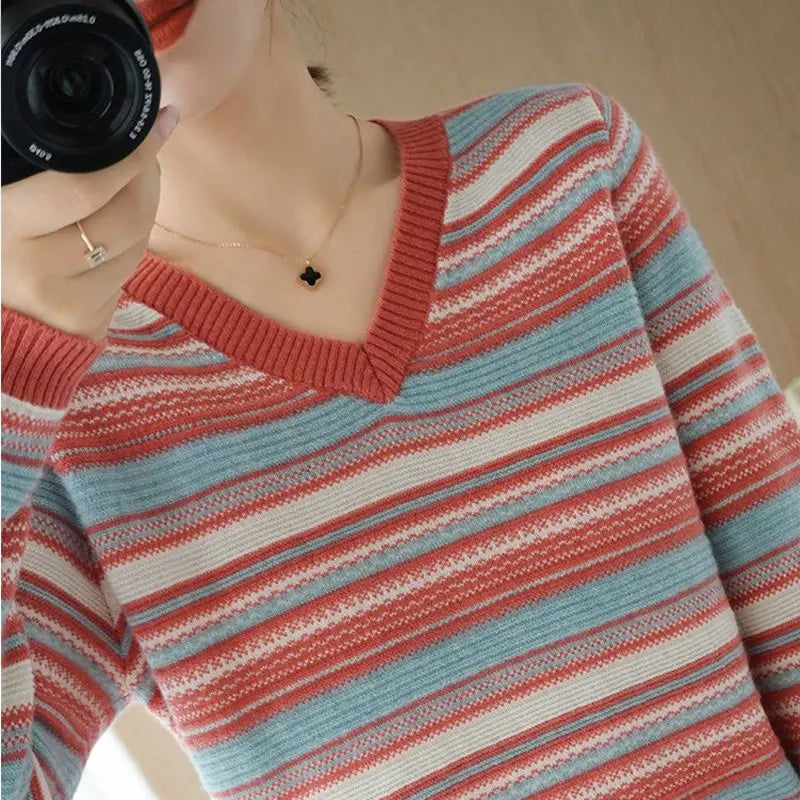 Autumn Winter Elegant Fashion Rainbow Knitting Tops Women All Match Casual Knitwear Long Sleeve Stripe Sweaters Thick Pullover - reetell