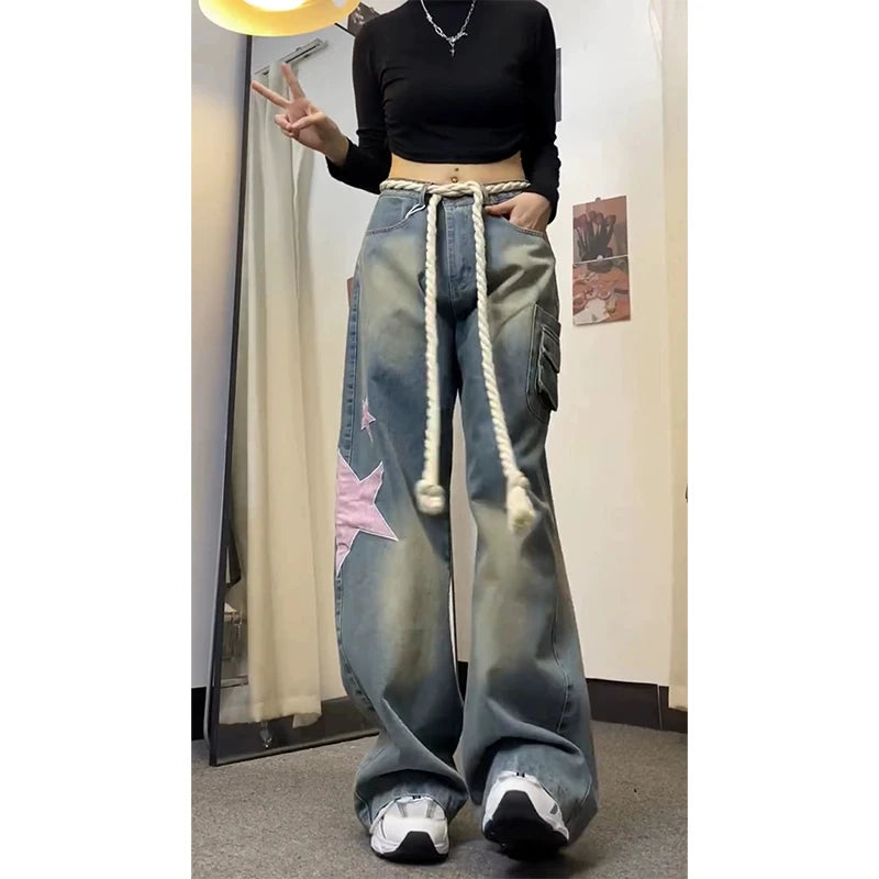 Women Baggy Star Jeans Vintage Harajuku Oversize High Waist Denim Trouser Emo 2000s Y2k 90s Aesthetic Wide Pants Trashy Clothes - reetell