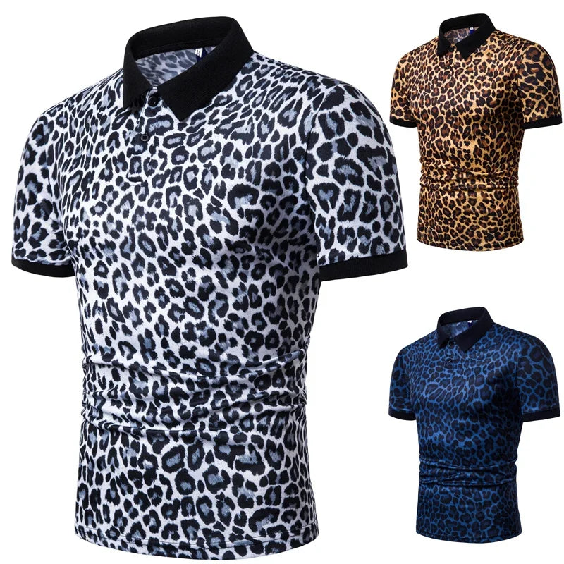 1pc New Men's Fashion T-shirt Leopard Print Short Sleeve Breathable Lapel  Men Clothing