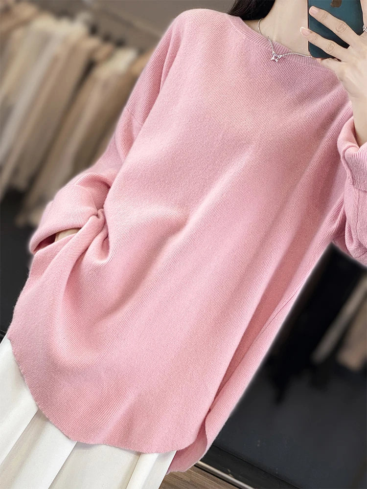 Fashion Women Round Collar Sweater 100% Merino Wool Pullovers Autumn Winter Loose Cashmere Knitwear Female Clothes Korean Tops - reetell