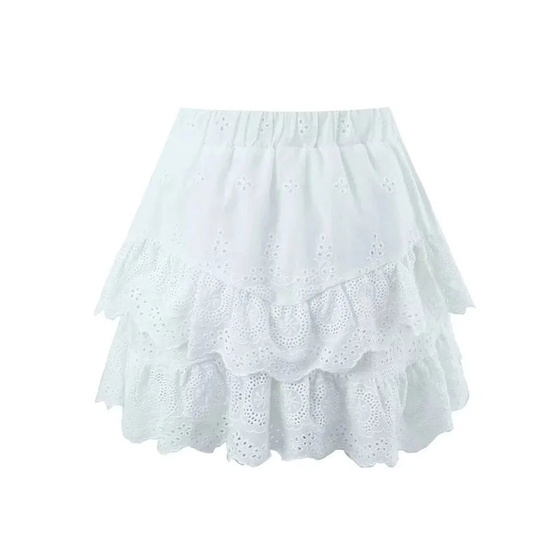 Korean fashion mini skirt kawaii vintage clothes Summer 2024 fashion embroideryed lace skirts for woman ruffle skirt cotton - reetell