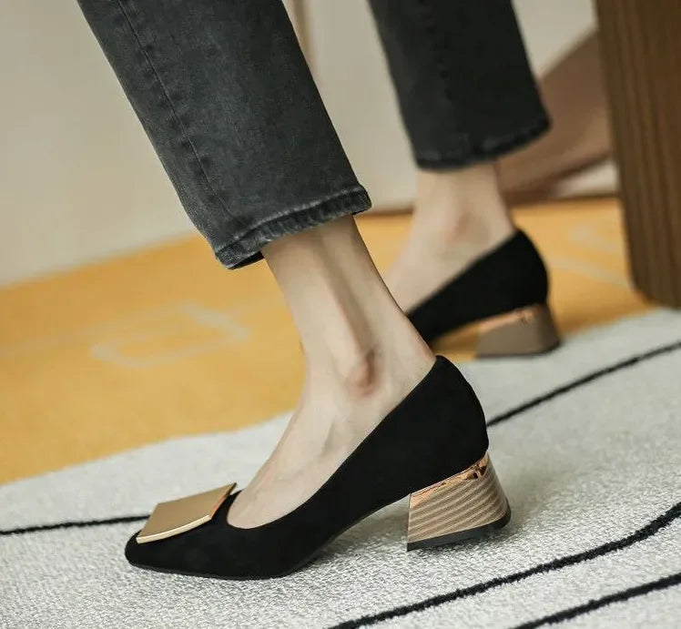 Comemore Trend 2023 Square Heels Women's Summer Footwear Office Black Medium Heel Casual Pumps Slip-on Luxury Shoes for Woman 34