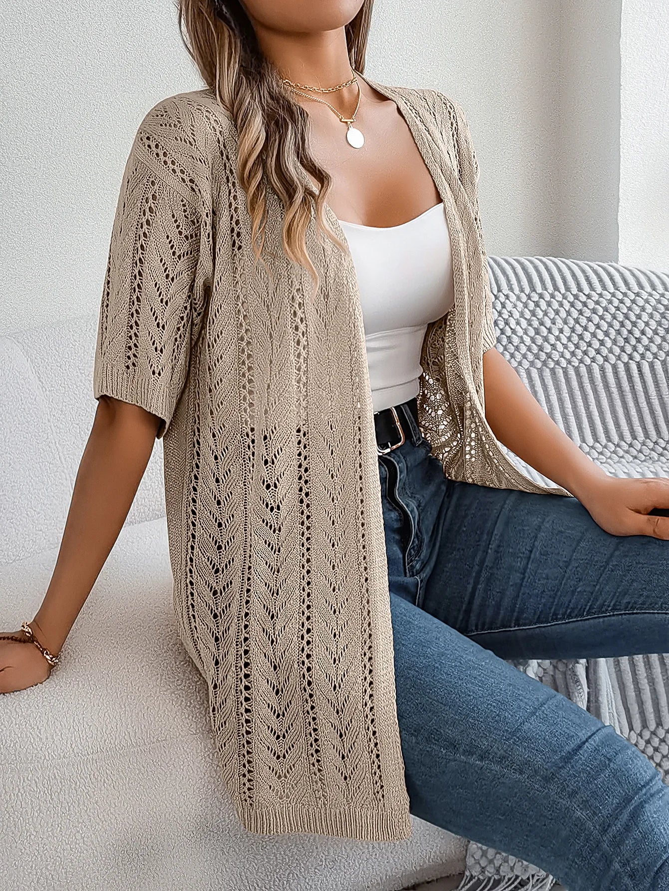 Casual Solid Color Short Sleeve Hollow Knitted Cardigan For Women - reetell