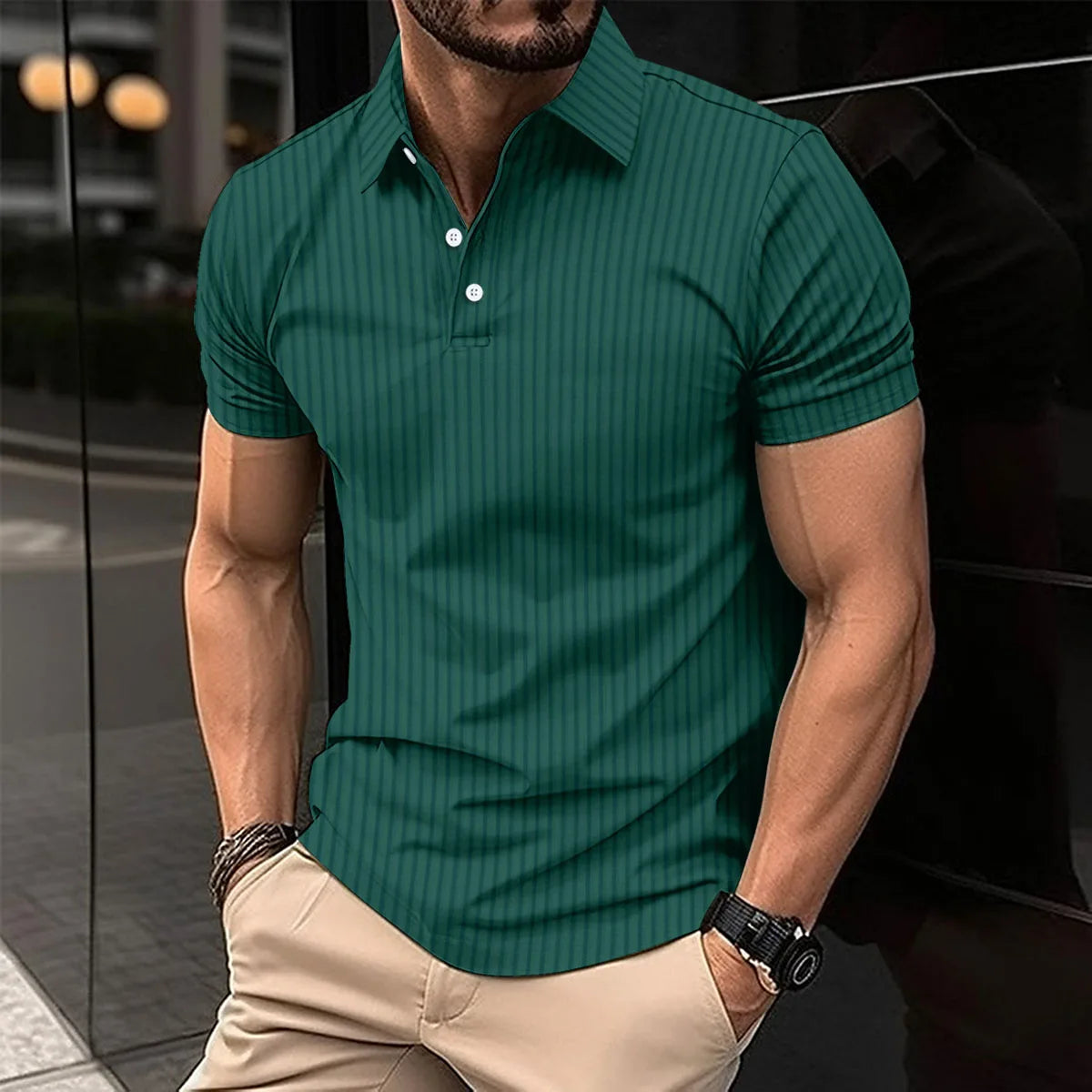 Summer men's polo shirt solid color button short sleeve striped lapel T-shirt casual breathable top men's wear Color Black S-3XL