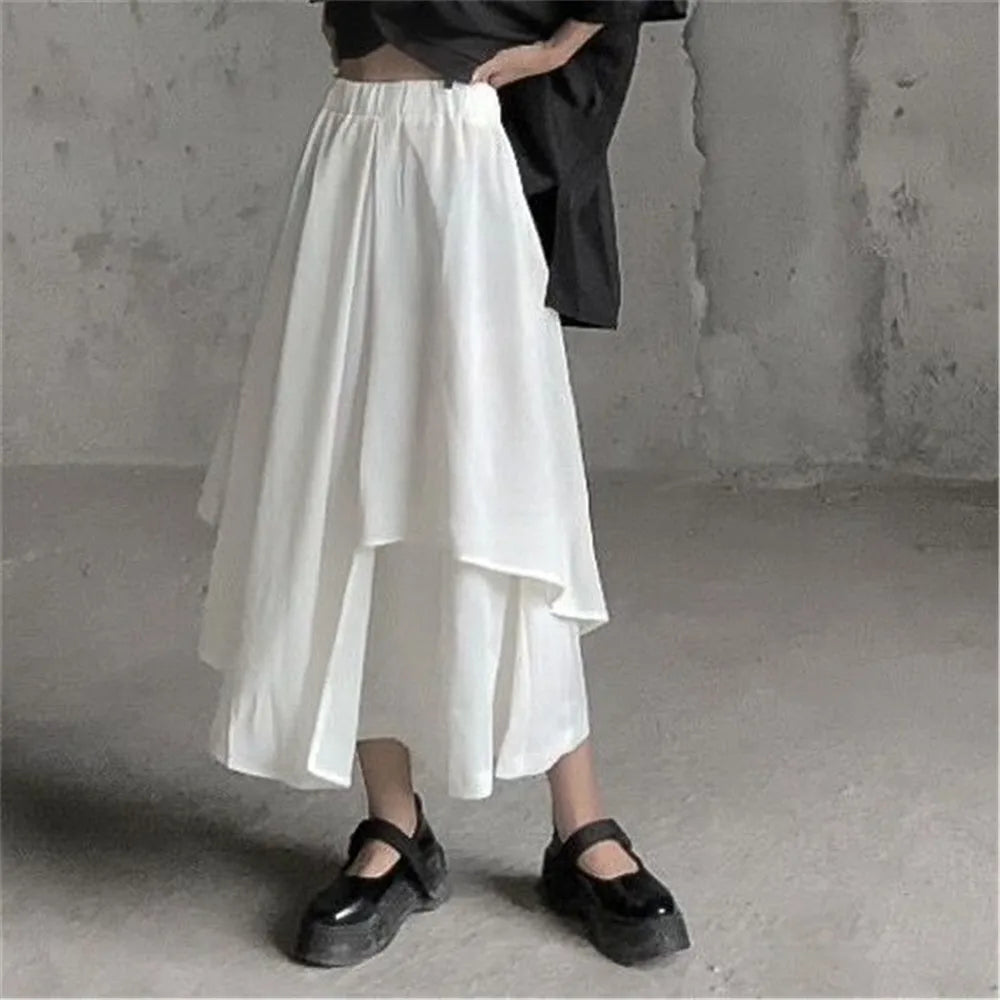 Gothic Frosty Irregular Skirts Pants Women High Waist Solid White Black Brown Long Pleated Skirts 2022 Korean Hip Hop Streetwear - reetell