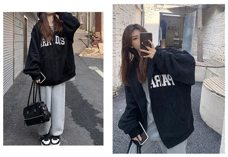 MEXZT Streetwear Zip Up Hoodies Women Oversized Letter Print Sweatshirt Harajuku Korean Plus Fleece Thick Casual All Match Tops - reetell