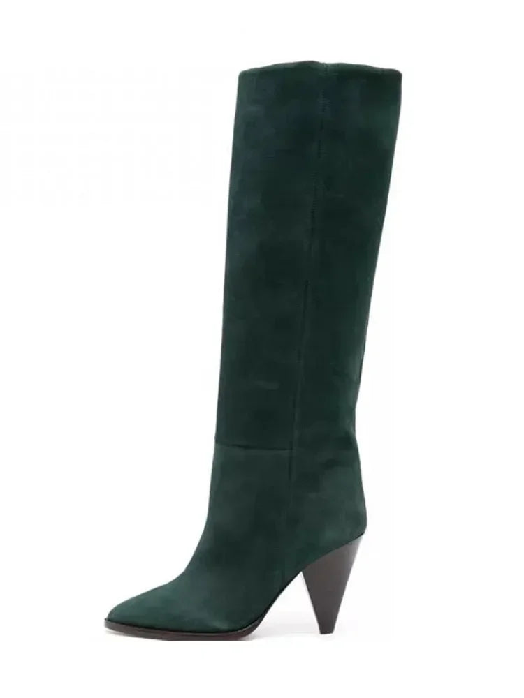 European and American Fashion Denim Pointed Toe Tapered Heel and Sleeve Versatile Knee High Boots, Women's Suede Walking Boots