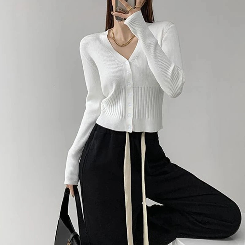 Korean Style Slim Fit Black Cardigan Woman Long Sleeve V Neck Cardigans Women 2024 Chic Solid Color Knitted Crop Tops Female - reetell