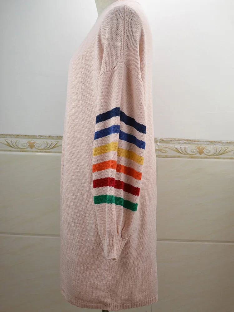 Fitshinling Rainbow Striped Boho Cardigan Winter Long Coat Female Knitwear Pink Slim Sweaters Cardigans For Women Clothes 2022 - reetell