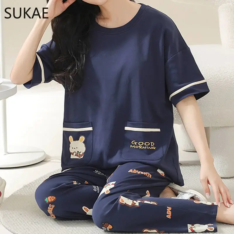 SUKAE Summer Women Pajamas Set Plus Size M-5XL Cotton Women's Pajama Short Sleeves Nightwear Sleepwear Korean Pijamas for Girl