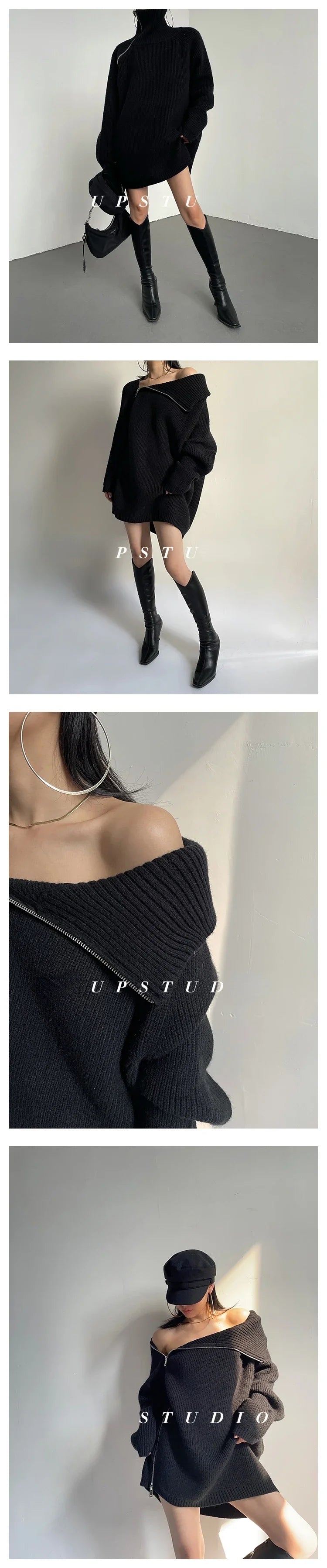 2023 Winter Women's Turtleneck Zipper Oversize Fashion Sweaters Autumn New Knitwears Loose Thick Warm High Neck Solid Pullovers - reetell