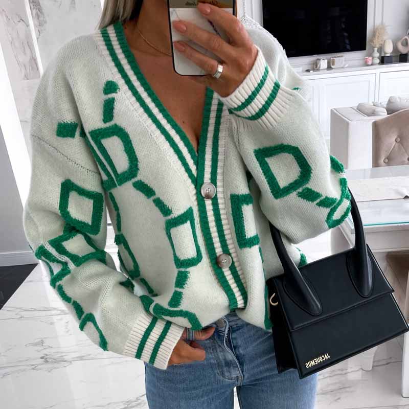 Women Autumn Winter New Loose Knitted Cardigan Casual  V-neck Drop-shoulder Sleeve Sweater Coat Female Chic Crochet Outerwear - reetell