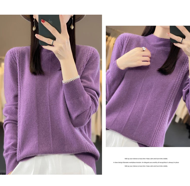 2024 Autumn Winter Women 100% Merino Wool Sweater Striped O-Neck Pullover Knitwear Casual Undershirt Cashmere Clothing Tops - reetell