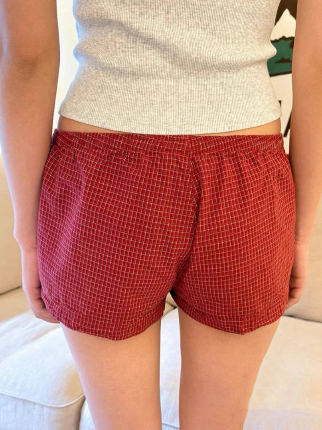 Red Plaid Straigth Shorts Women Summer Elastic Waist Buttons Casual Sweet Short Pant Cotton Y2k Pants Vintage Home Underwear - reetell