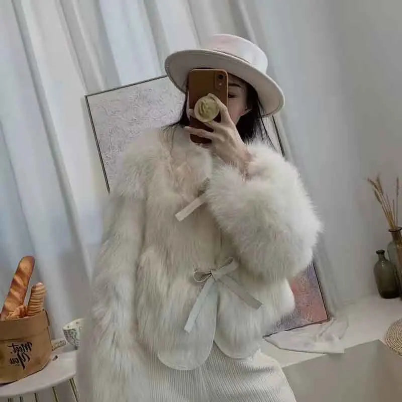 Autumn Faux Fur Crop Coat Women Y2K Fashion Streetwear O Neck Fluffy Short Fur Jacket Korean Elegant Lace Up Faux Fox Fur Parkas - reetell