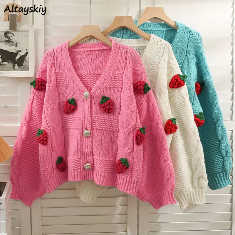 Strawberry Spliced Cardigan Women Knitting All-match Stylish Кардиган Женский Long Sleeve Sweaters Ropa Mujer Elegant Ulzzang - reetell