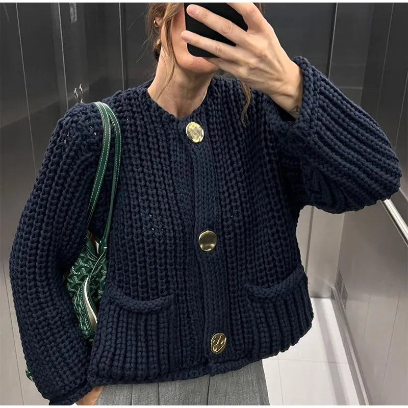 O Neck Single-breasted Knitted Cardigan For Women Casual Pocket Long Sleeve Sweater 2024 Autumn Fashion Lady Streetwear Knitwear - reetell