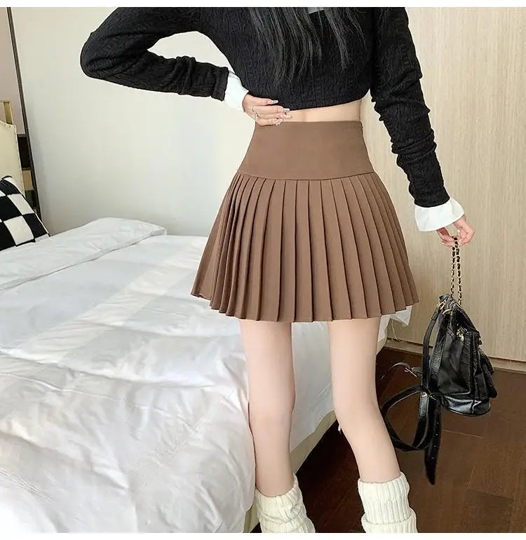 Pleated Skirt New Spring Autumn All-match Buttons Solid Color High Waist A-line Skirt Femme Preppy Style Pleated Trend Skirts - reetell