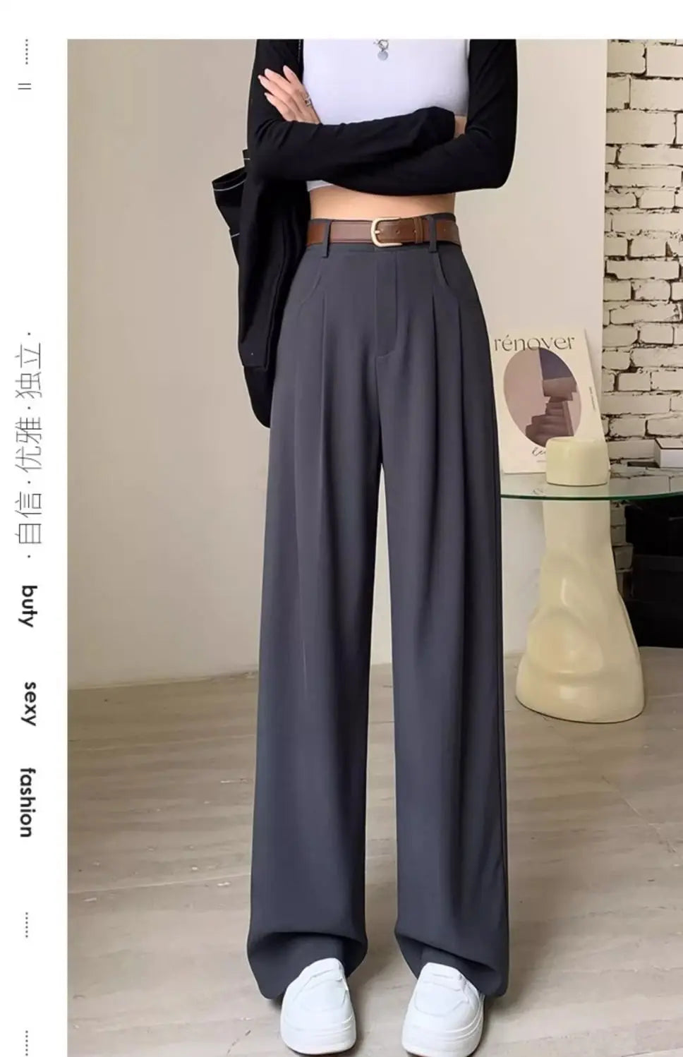 Fashion High Waist Wide Leg Pants Women Spring Fall Baggy Black Trouser Office Ladies Full Length Straight Suit Pant Outwear New - reetell