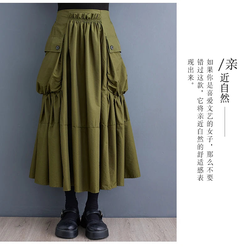 Oversized Spring Autumn Cargo Midi Skirt Women Elastic High Waist Fashion Ruffle Pleated Ladies Skirts Loose Casual Woman Skirt - reetell