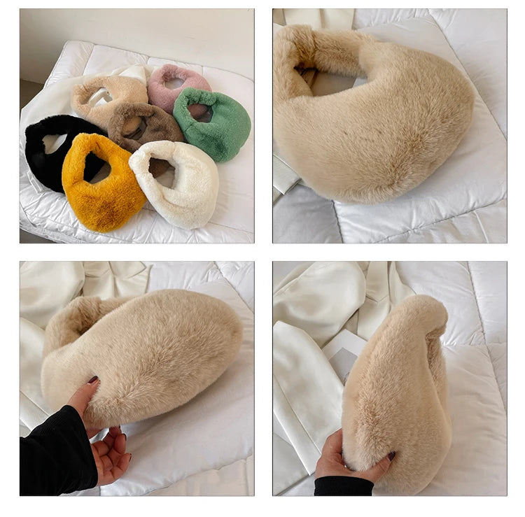 Fur Women's Small Half Moon Bag Luxury Warm Plush Wrist Bags for Women Fashion Furry Short Handle Clutch Cute Ladies Coin Purses