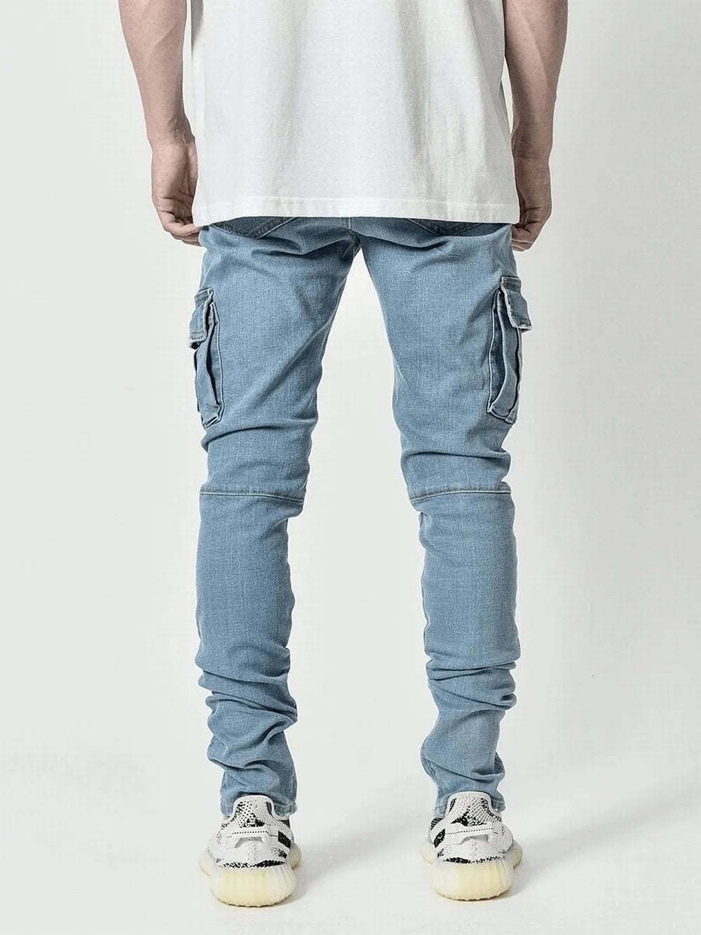 Fashion Streetwear Ripped Skinny Jeans Men Side Mulit Pockets Denim Cargo Pants Slim Fit Pantalones Hombre Soft Elastic Joggers - reetell