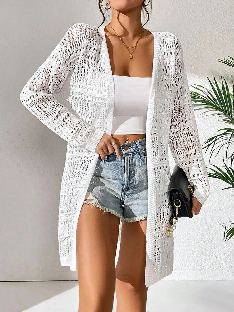 Polyester 100.00% solid color knitted cardigan with sun shading and loose fitting fashion, mid length and elegant sweater - reetell