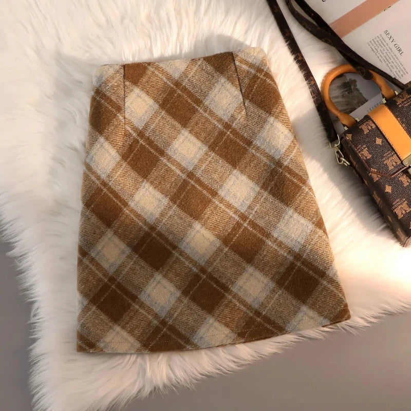 Vintage Fashion Autumn Winter New Woolen Women Plaid Pleated High Waist Korean Preppy Style Slim Mid-length A-line Bag Hip Skirt - reetell