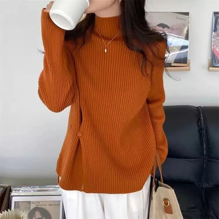 Women's Knit Sweater Off-white Loose Turtleneck Ladies PulloversButtons Slit Hot Sale Winter Offers Trend New Knitwear 2024 - reetell