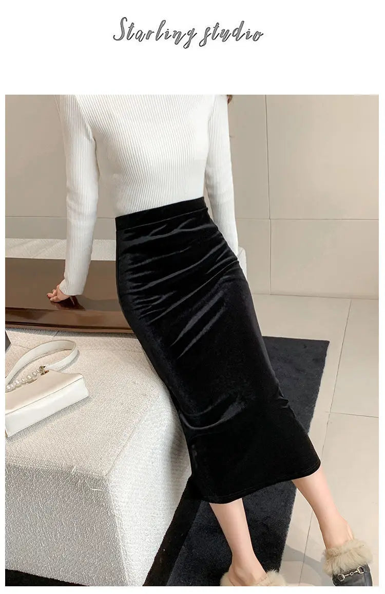 Elegant Velvet Black Long Skirts Women Autumn Winter High Waist Faldas Korean Fahion Clothing Office Ladies Bodycon Midi Skirt - reetell