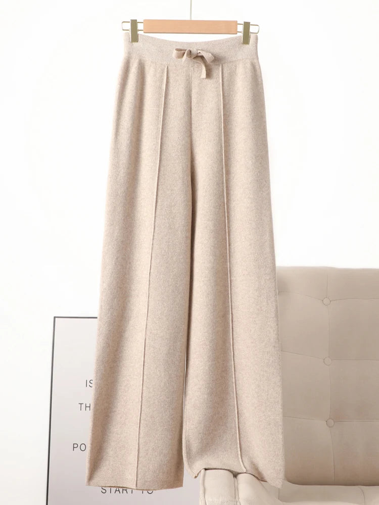 Women 100% Merino Wool Knitted Wide Leg Pants Autumn Winter Basic Soft Warm Cashmere Knit Trousers Casual Simple Style Korean - reetell