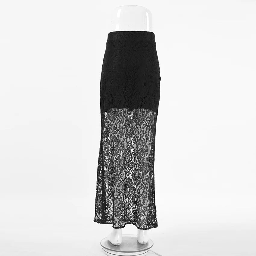 Talenza Black Lace See-through Skirt Women's Sexy Slit Patchwork Skirt Fashion Casual Loose High Waist Slim Street Long Skirt - reetell