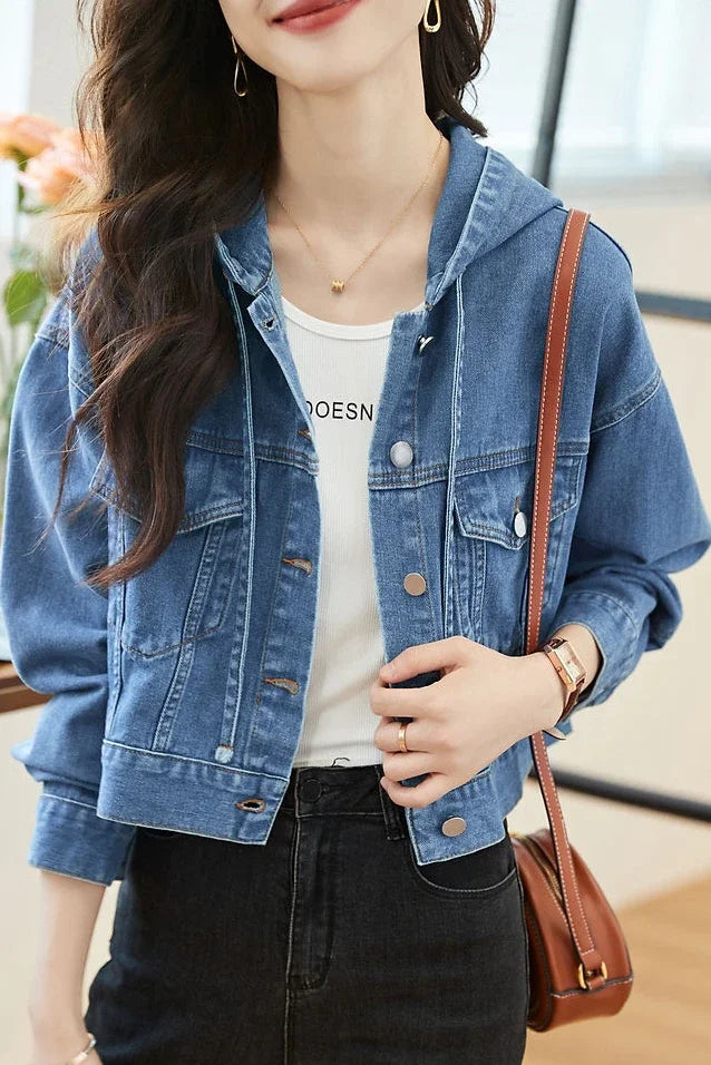 Crop Hooded Small Women's Denim Jackets Outerwears Female Jeans Coat Spring Autumn Plain Blue Short On Offer With Elegant Classy