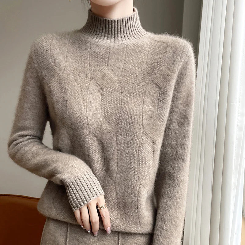 100% Merino Wool Half Turtleneck Pullover Women's Autumn and Winter Thick Twist Flower Sweater Korean Fashion Women's Wear - reetell