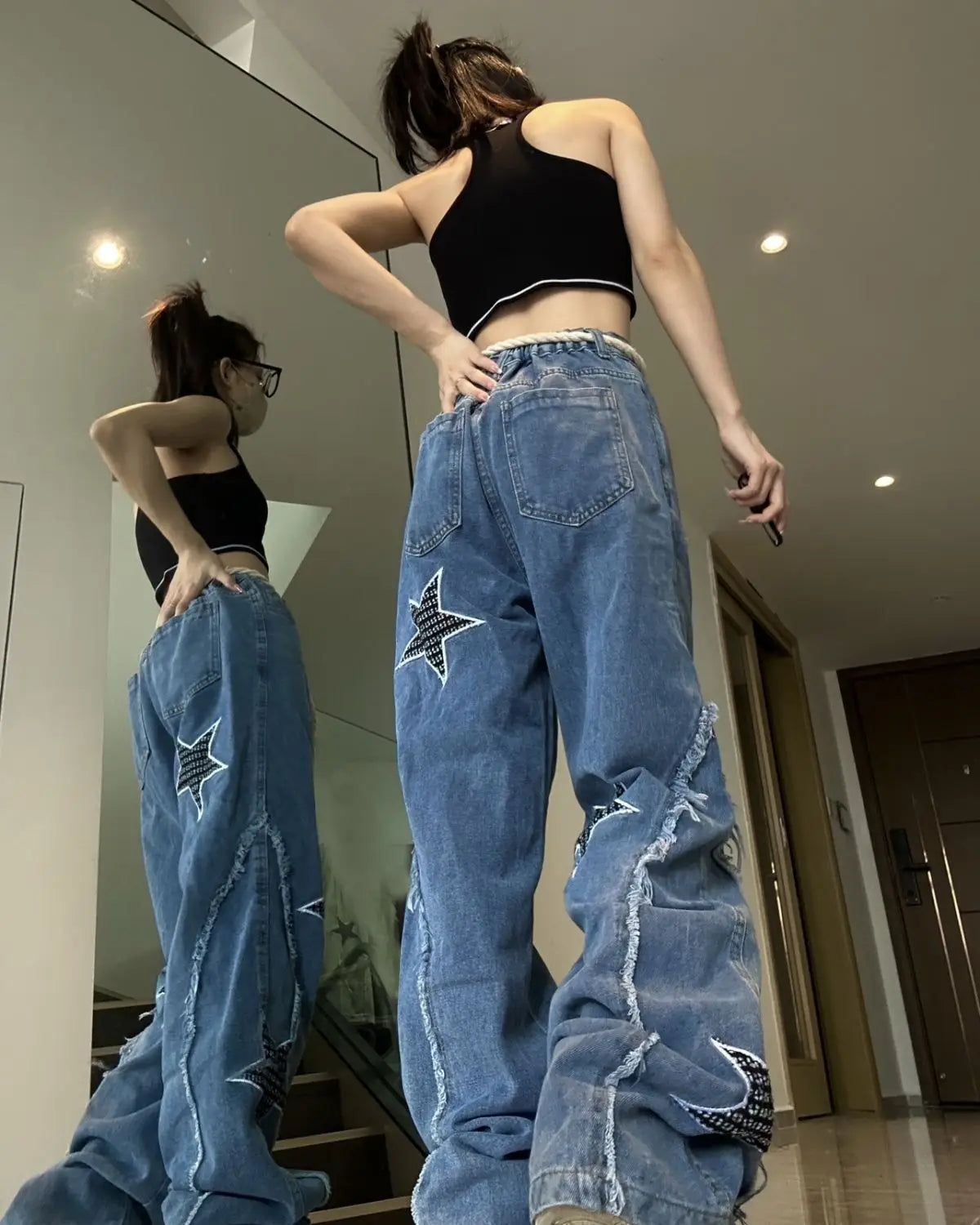 Star American Street Jeans Women's Large Retro Trendy Brand High Street Straight Pants - reetell