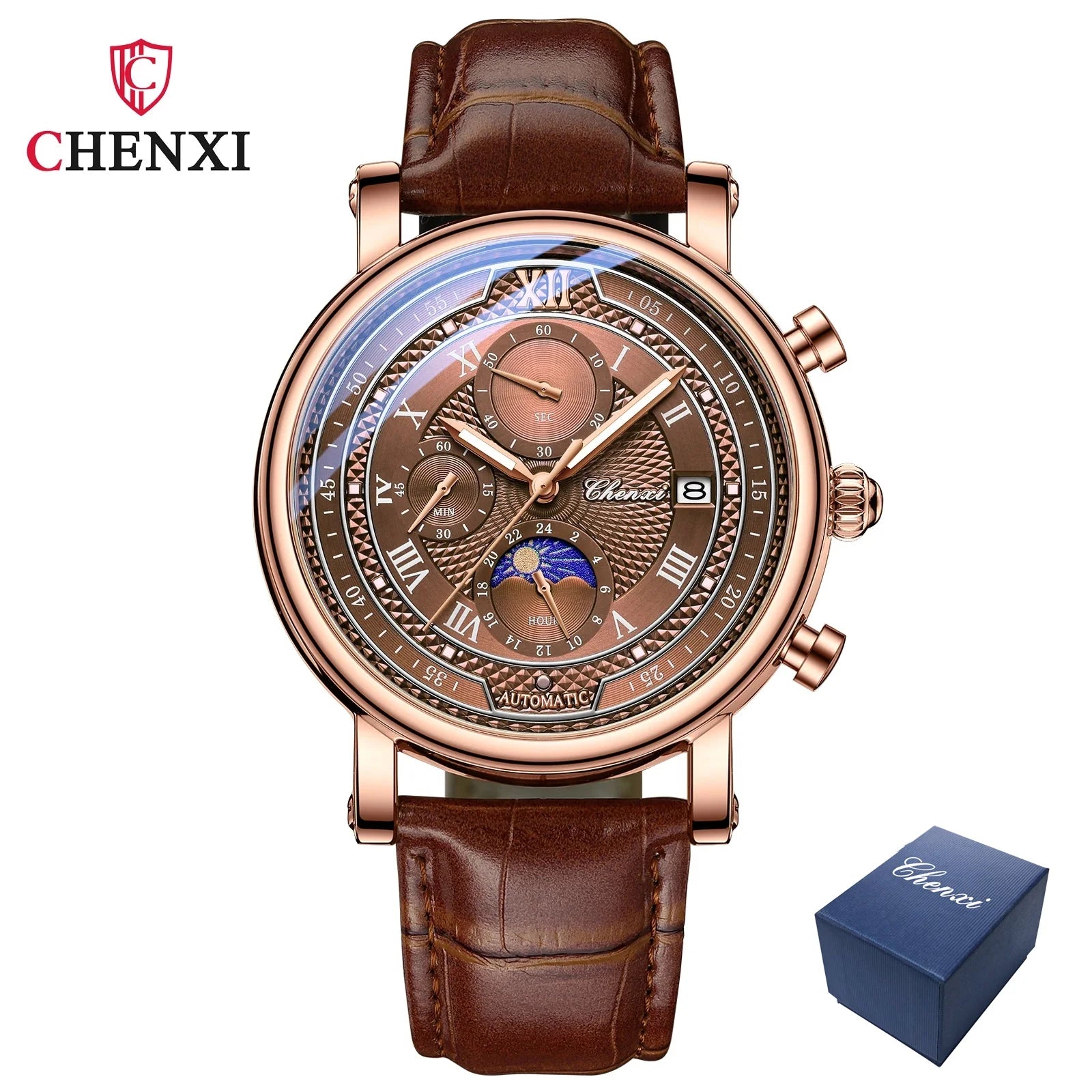 Chenxi 976 Leather Chronograph Date Men's Phase Of The Moon Timing Business Luminous Quartz Watch Relojes para hombres