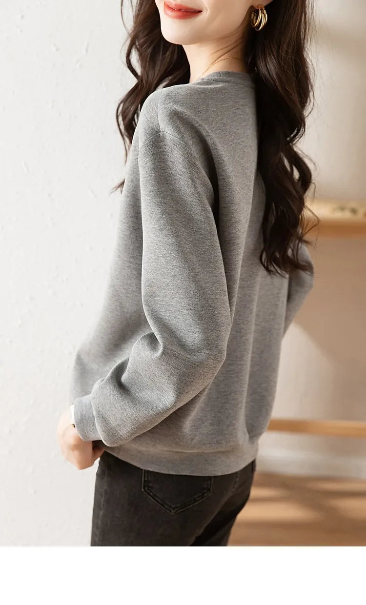 Women's Stereoscopic Flowers Hooded Sweatshirt Casual Round Neck Top Gray Clothes Simple Fashion Autumn - reetell