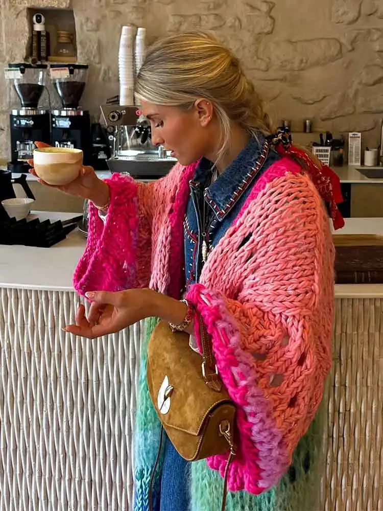 Boho Multicolor Crochet Cut Out Bell Sleeve Cardigan 2024 Autumn Winter Knitted Dress Women's Long Cardigan Sweater Jacket K12 - reetell