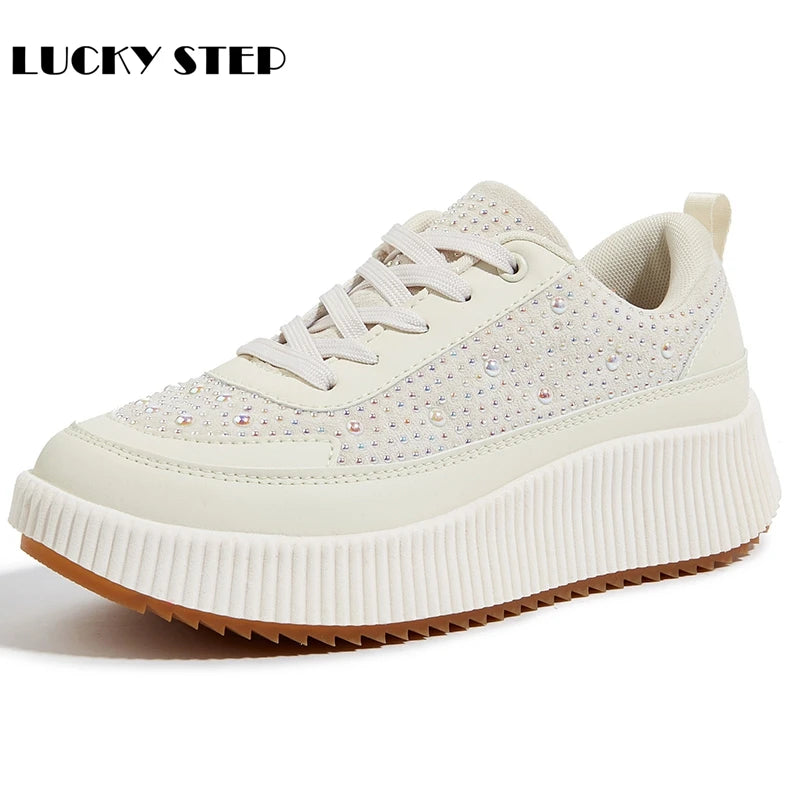 LUCKY STEP Women's Platform Sneakers Rhinestone Fashion Chunky Casual Sparkly Retro Braided Walking Shoes