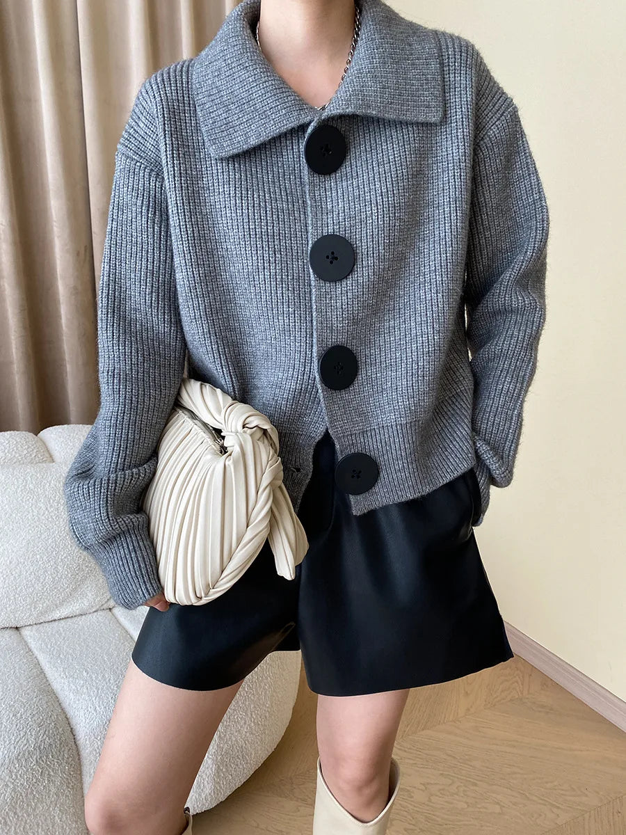 Fashion Big Button Cardigan for Women Loose Thickening Turn-down Collar Knit Sweater Autumn and Winter 2024 Grey Cardigan Coat - reetell