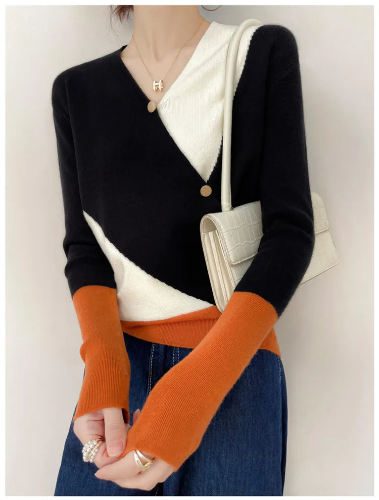 Women's Cashmere Sweater Spring Colorblock Sweater Women Casual Pullover Ladies Knitwear Fashion Sweater Female Thin Inner Top - reetell