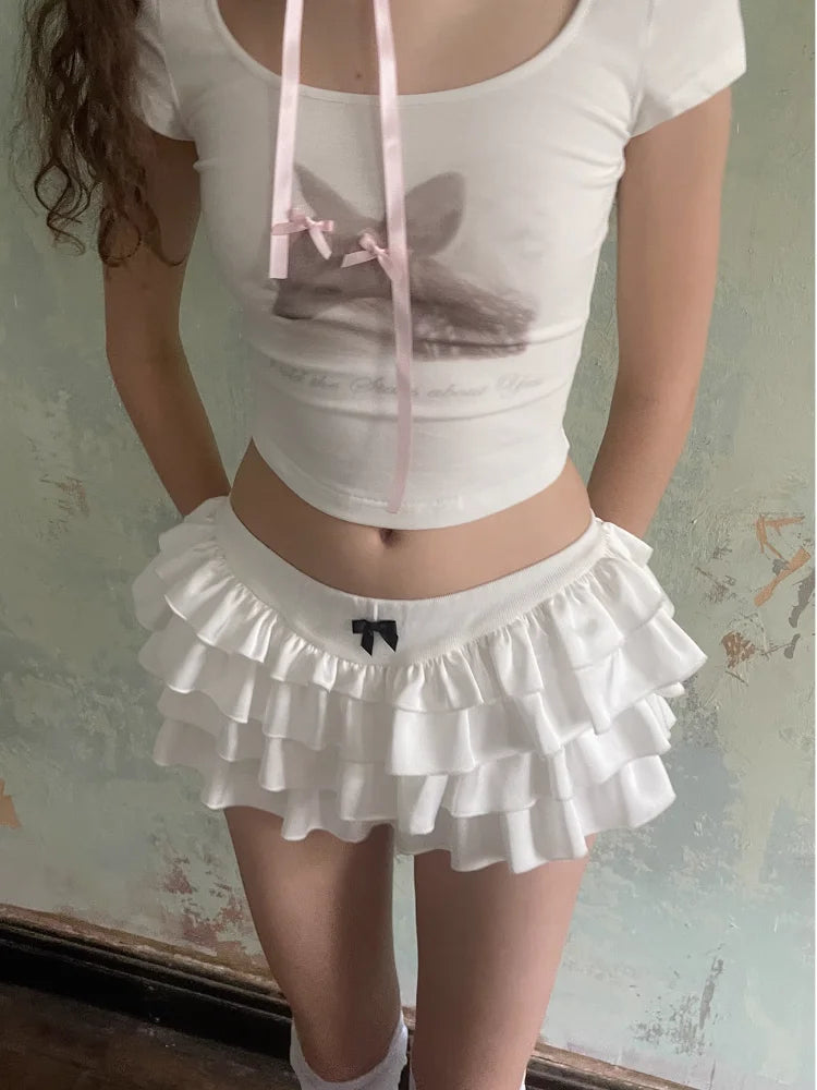 Y2k Kawaii Cute Cake Ruffles White Mini Skirt Women Bow Slim Skirt Elastic Waist Summer A-line Skirt Going Out Party Streetwear - reetell