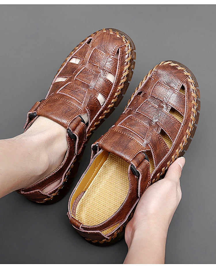 Genuine Leather Sandal for Men Round Toe Lightweight Comfortable Trendy All-match Breathable Fashion Non-slip Shoes Summer Main