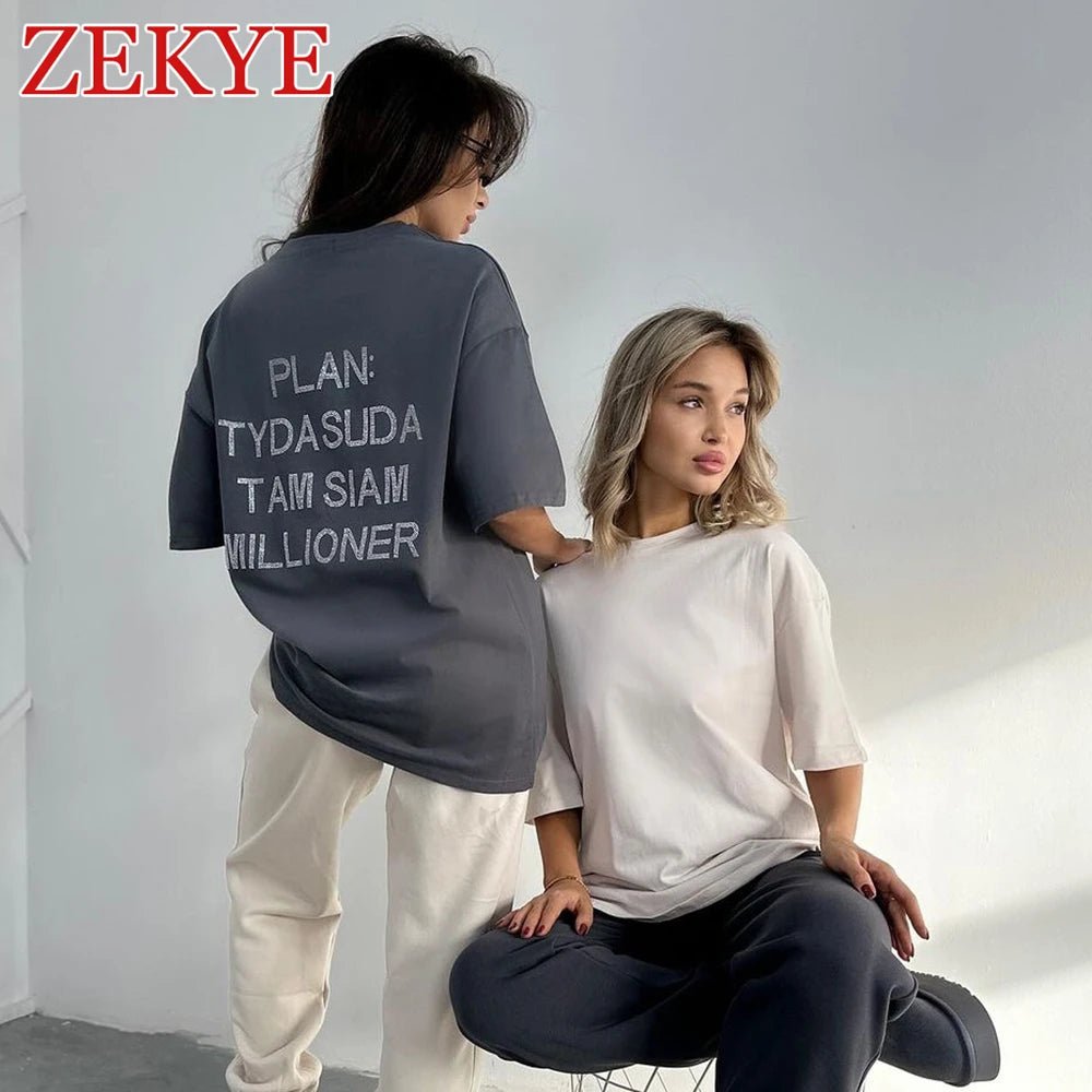 Zekye Rhinestone Letter Casual Tee Shirt Oversize Bodyfriend Style Korean O Neck Summer T Shirt Women Streetwear Harajuku Tops - reetell