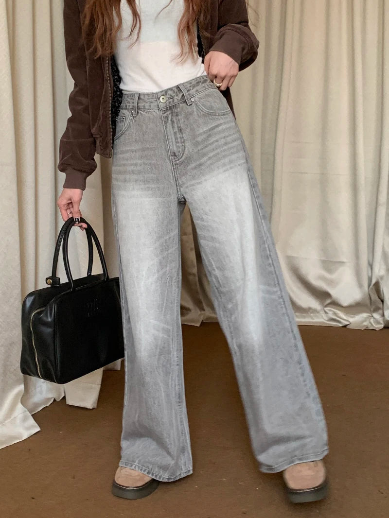 Summer Grey Womens Jeans High Waist Baggy Casual Vintage Y2K Trend Straight Cargo Pants Street American Wide Leg Denim Trouser - reetell