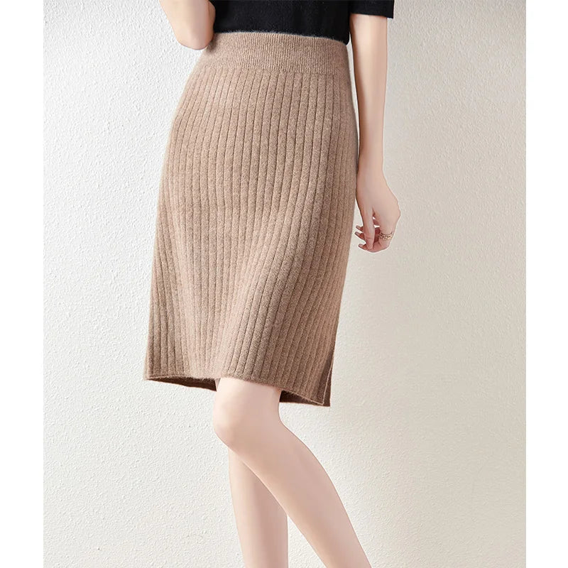 Women's Knitted Skirt 100% Merino Wool Sheath Skirt Solid Color Autumn/Winter Fashion Vertical Strip Wrap Hip Skirt Split Skirt - reetell